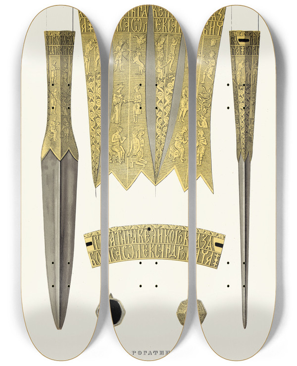 Triptych art skateboard deck of Fedor Grigoryevich Solntsev Rogatina Velikago Kniazia Borisa Aleksandrovicha Tverskago 1425 Goda by Fedor Grigoryevich Solntsev (1801-1892)