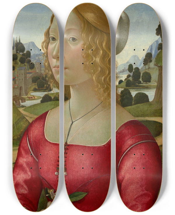 Triptych art skateboard deck of Domenico Ghirlandaio Portrait Of A Lady by Domenico Ghirlandaio (1449-1494)
