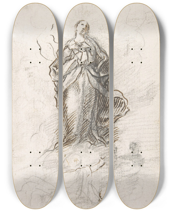Triptych art skateboard deck of Pedro Duque Y Cornejo Virgin Of The Immaculate Conception Standing On Clouds_2 by Pedro Duque Y Cornejo (1677-1757)