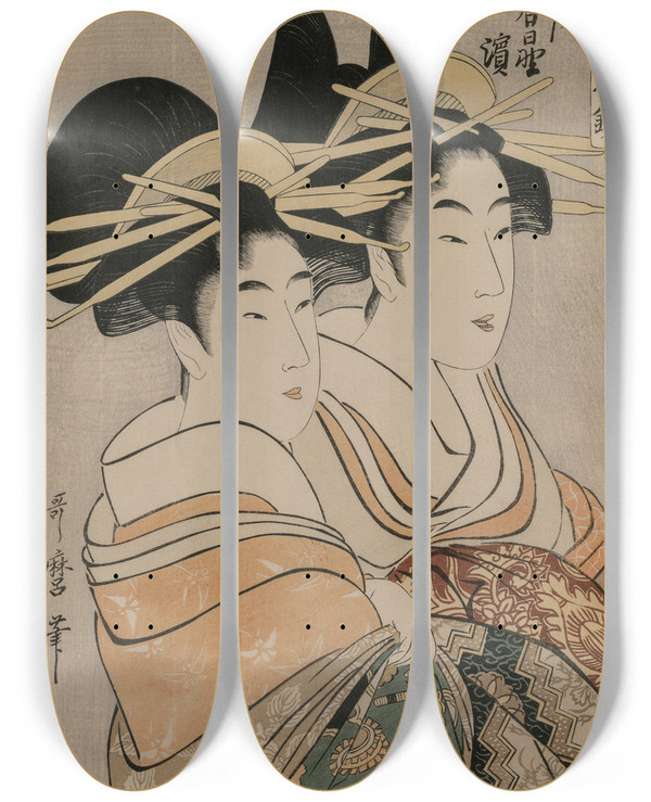 Triptych art skateboard deck of Kitagawa Utamaro The Courtesans Kasugano And Utahama Of Tamaya From The Series A Mirror Of Courtesans Of The Green Houses by Kitagawa Utamaro (1753-1806)