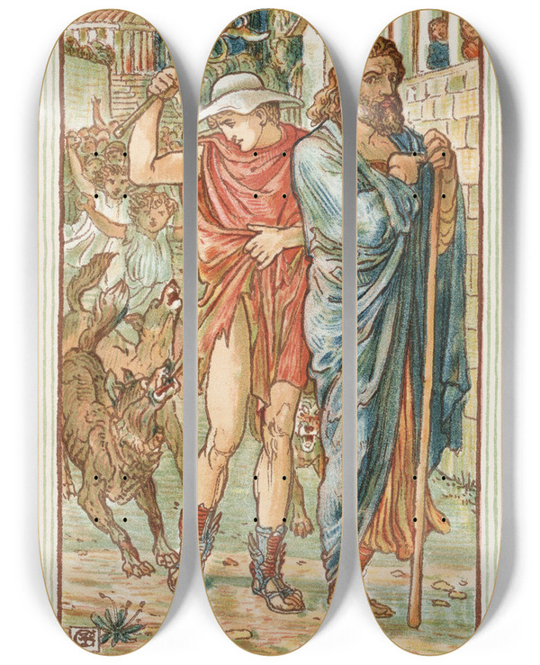 Triptych art skateboard deck of Walter Crane The Strangers In The Village by Walter Crane (1845-1915)