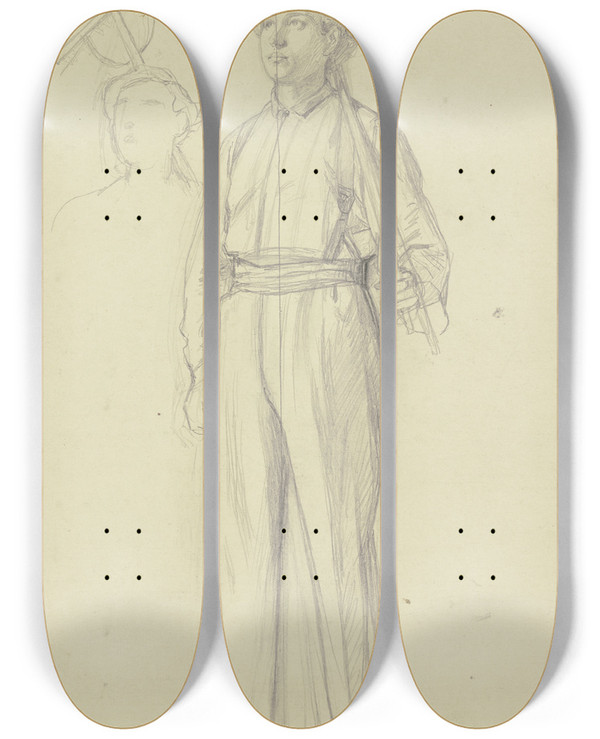Triptych art skateboard deck of Jakob Becker Emporblickender Junger Bauer Mit Geschultertem Rechen by Jakob Becker (1810-1872)