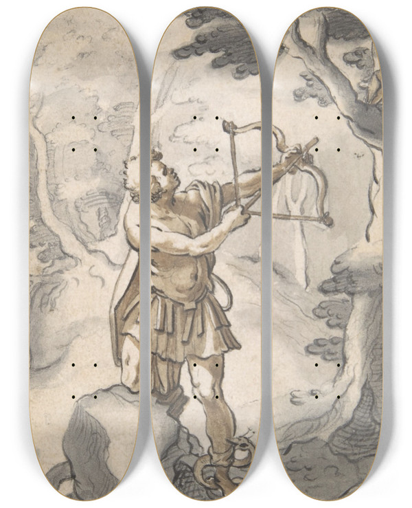 Triptych art skateboard deck of Gotthard Ringgli Philoctetes Being Bitten By The Snake by Gotthard Ringgli (1575-1635)