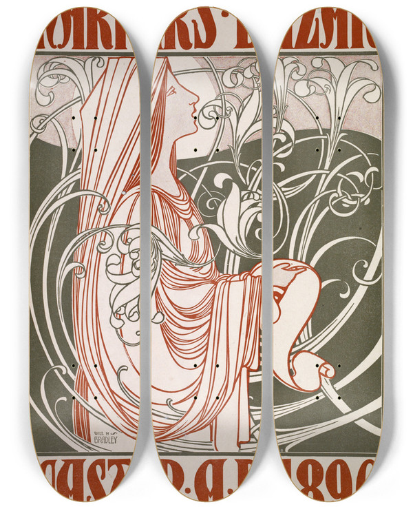 Triptych art skateboard deck of Will Bradley Harpers Bazar Easter A D 1896 by Will Bradley (1868-1962)