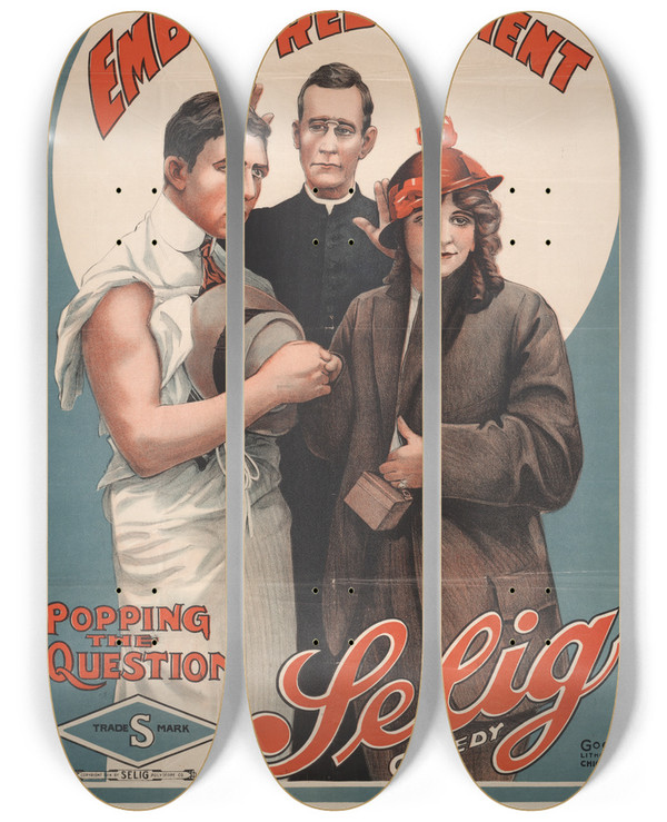 Triptych art skateboard deck of Goes Litho Co An Embarrassing Predicament by Goes Litho Co (19-20-)