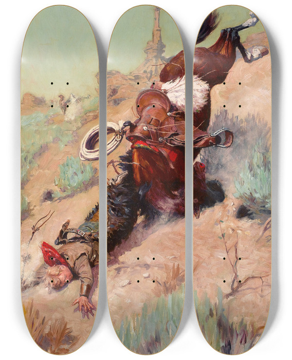Triptych art skateboard deck of William Herbert Dunton The Badger Hole The Spill by William Herbert Dunton (1878-1936)