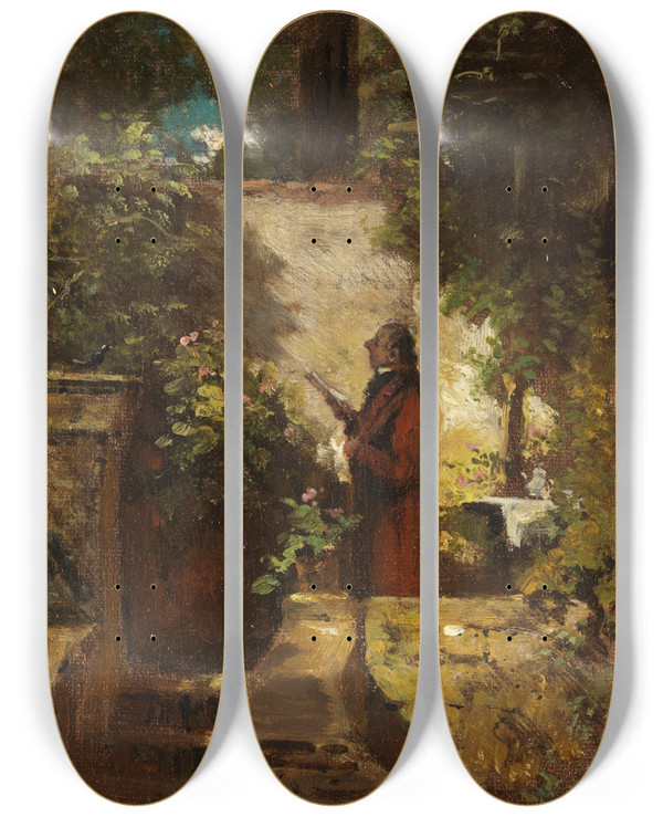 Triptych art skateboard deck of Carl Spitzweg Am Sonntagmorgen by Carl Spitzweg (1808-1880)