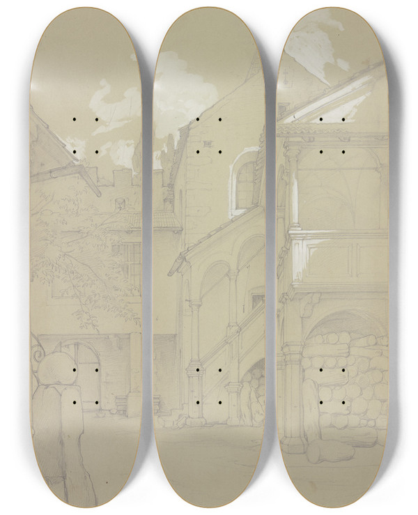Triptych art skateboard deck of Eduard Von Steinle Ansicht Des Hofes Von Schloss Rubein by Eduard Von Steinle (1810-1886)