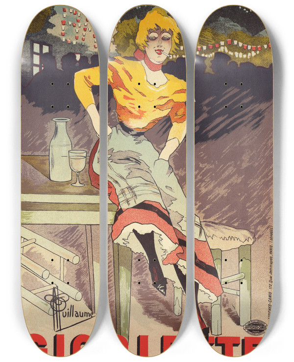 Triptych art skateboard deck of Albert Guillaume Gigolette by Albert Guillaume (1873-1942)