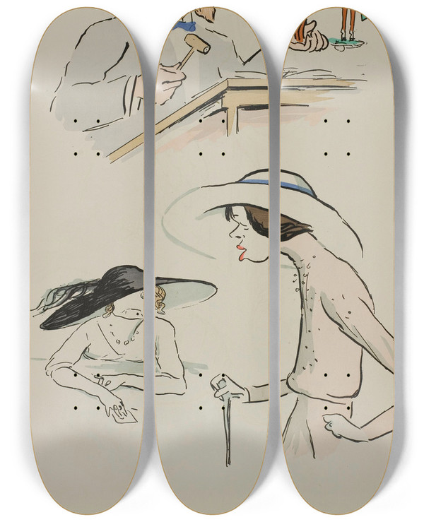 Triptych art skateboard deck of Georges Goursat Sem Chri Halbronn Mme Dartex Mme Brighton by Georges Goursat (Sem) (1863-1934)