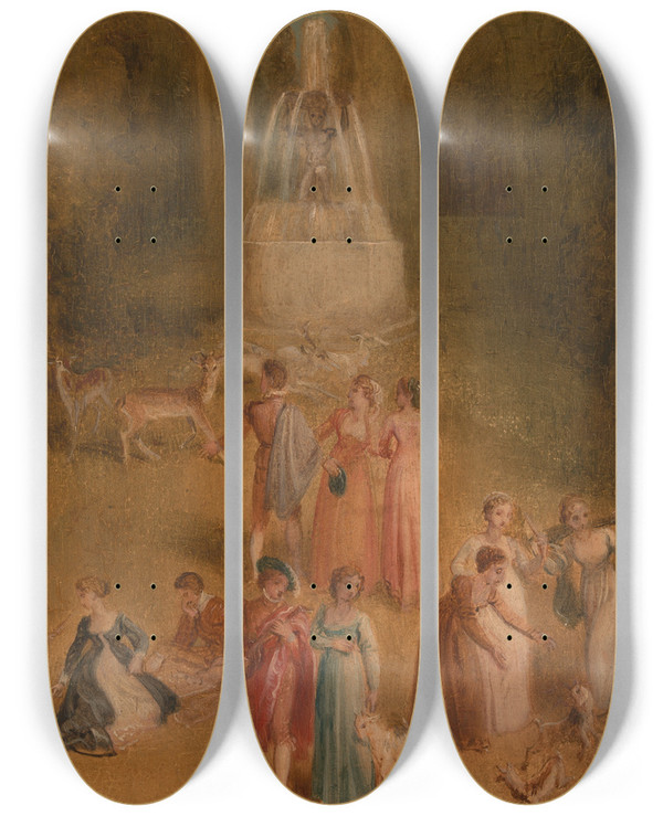 Triptych art skateboard deck of Thomas Stothard The Meadow by Thomas Stothard (1755-1834)