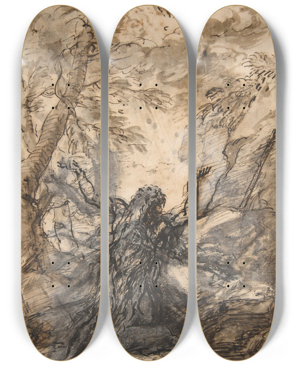 Triptych art skateboard deck of Salvator Rosa St Paul Hermit by Salvator Rosa (1615-1673)