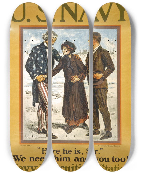 Triptych art skateboard deck of Charles Dana Gibson Us Navyhere He Is Sir by Charles Dana Gibson (1867-1944)