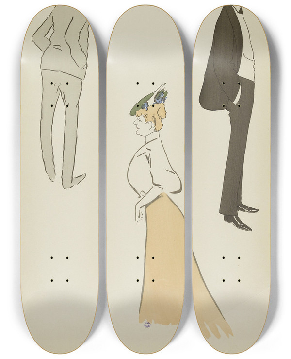 Triptych art skateboard deck of Georges Goursat Sem Lord Howard Of Walden Personnage Masculin Non Identifi Mme Chapman by Georges Goursat (Sem) (1863-1934)