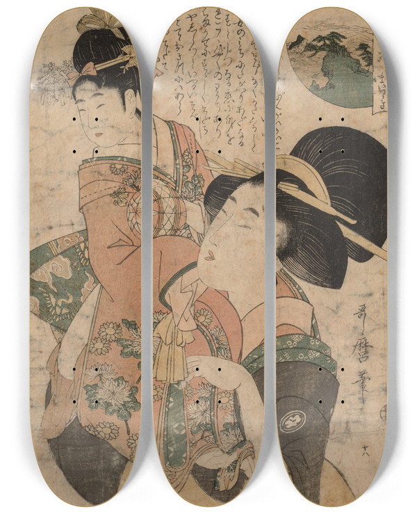 Triptych art skateboard deck of Kitagawa Utamaro Woman Carrying A Child by Kitagawa Utamaro (1753-1806)