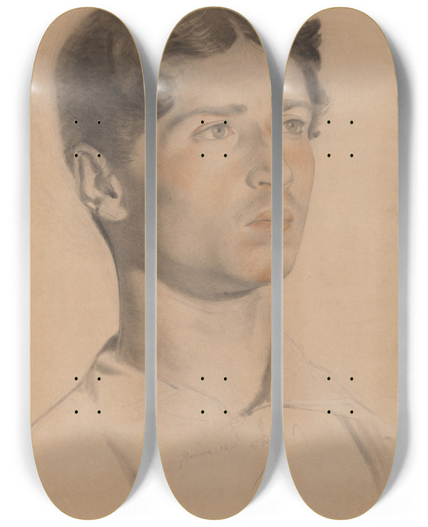 Triptych art skateboard deck of Paul Delaroche Portrait Of A Young Man by Paul Delaroche (1797-1856)