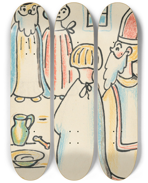 Triptych art skateboard deck of Josef Apek I Had A Dog And A Cat Pl 07 by Josef apek (1887-1945)