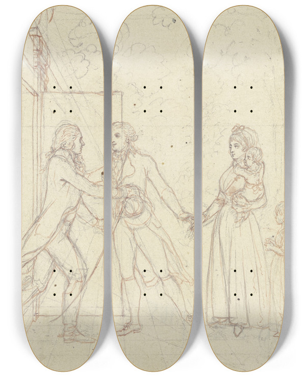 Triptych art skateboard deck of Daniel Nikolaus Chodowiecki The Happiness Of Friendship by Daniel Nikolaus Chodowiecki (1726-1801)