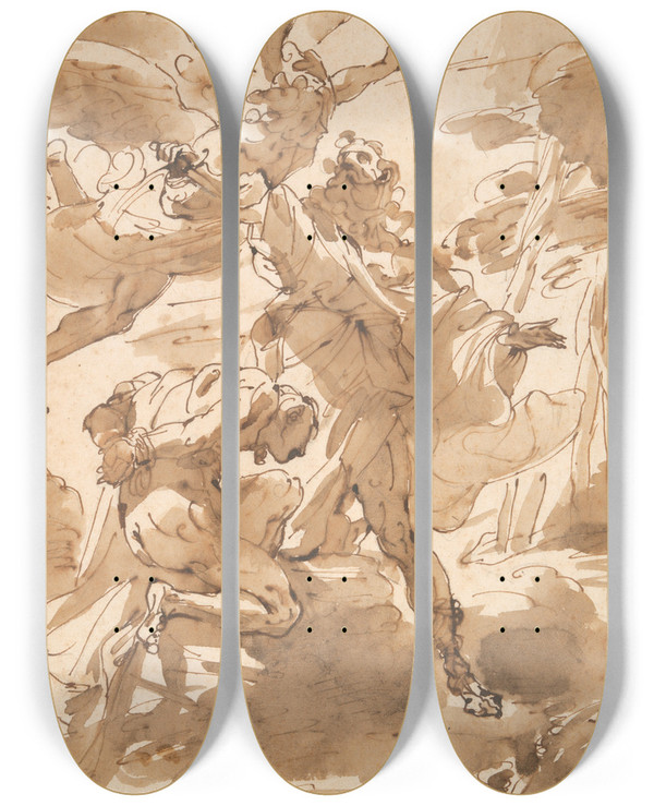 Triptych art skateboard deck of Ubaldo Gandolfi The Sacrifice Ofisaac by Ubaldo Gandolfi (1728-1781)