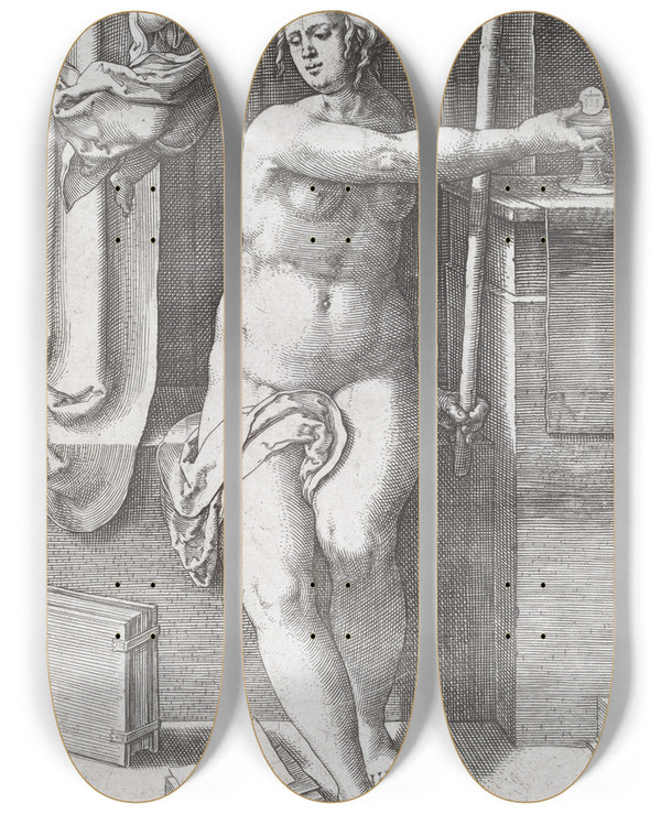 Triptych art skateboard deck of Lucas Van Leyden Fides Faith by Lucas Van Leyden (1494-1533)