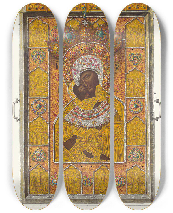 Triptych art skateboard deck of Fedor Grigoryevich Solntsev Chudotvornyi Obraz Vladimirskoi Bozhiei Materi Khromolitografiia F Dregera by Fedor Grigoryevich Solntsev (1801-1892)