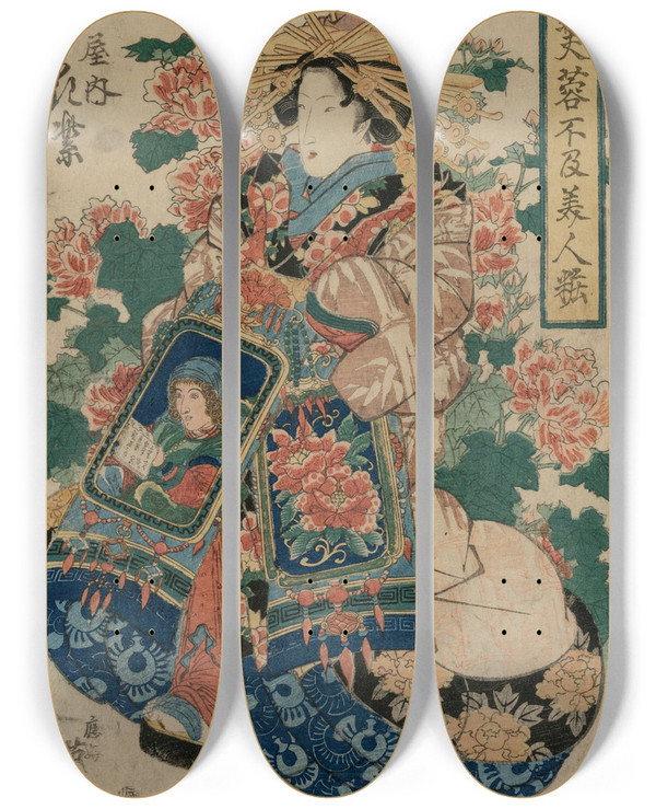 Triptych art skateboard deck of Keisai Eisen The Courtesan Hanamurasaki Of The Tsuchiya From The Series Beauties In Their Finery Amid Mallow Flowers by Keisai Eisen (1790-1848)