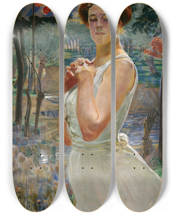 Triptych art skateboard deck of Jacek Malczewski Portrait Of A Woman Against A Rowanberry Grove by Jacek Malczewski (1854-1929)
