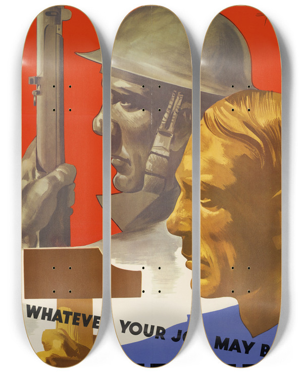 Triptych art skateboard deck of Eric Aldwinckle Whatever Your Job May Be Fight by Eric Aldwinckle (1909-1980)