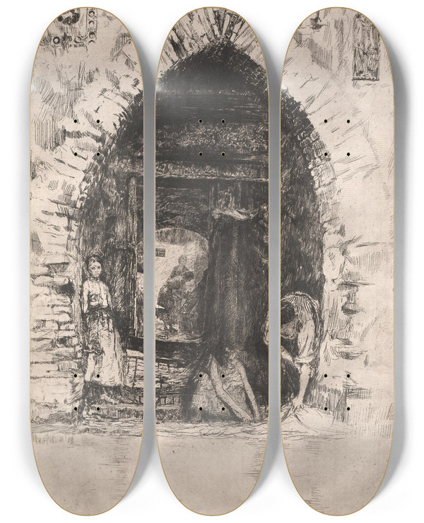 Triptych art skateboard deck of Otto Henry Bacher Laundry by Otto Henry Bacher (1856-1909)