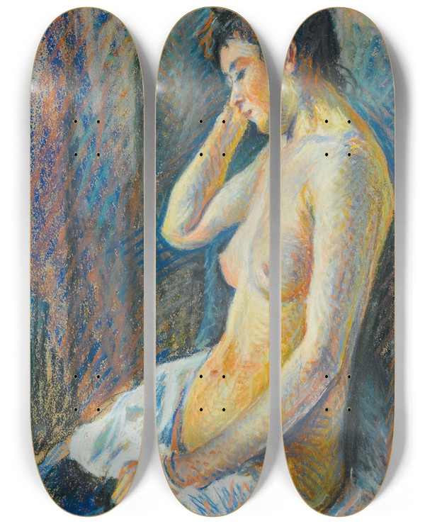 Triptych art skateboard deck of Maximilien Luce Nu Assis by Maximilien Luce (1858-1941)