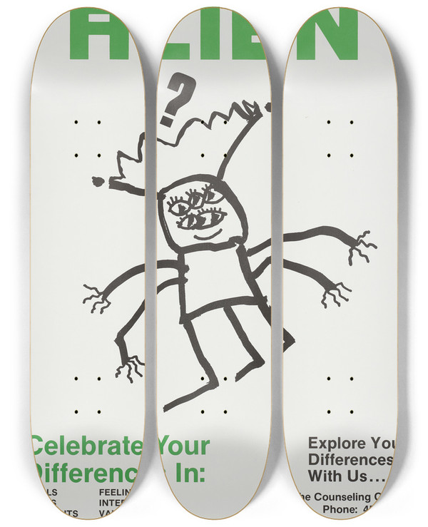 Triptych art skateboard deck of Jim Thorpe Feeling A Bit Alien Celebrate Your Differences In by Jim Thorpe (20-)