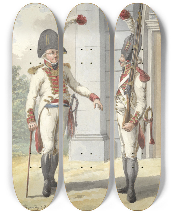 Triptych art skateboard deck of Jan Anthonie Langendijk Grenadier Officier En Gemeene Der Lijfgarde Van De Raadpensionaris Der Bataafsche Republiq by Jan Anthonie Langendijk (19-)