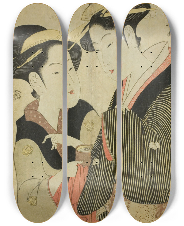 Triptych art skateboard deck of Eishsai Chki Moto A Waitress Of The Yoshidaya And The Geisha Mizue by Eishosai Choki (1786-1808)