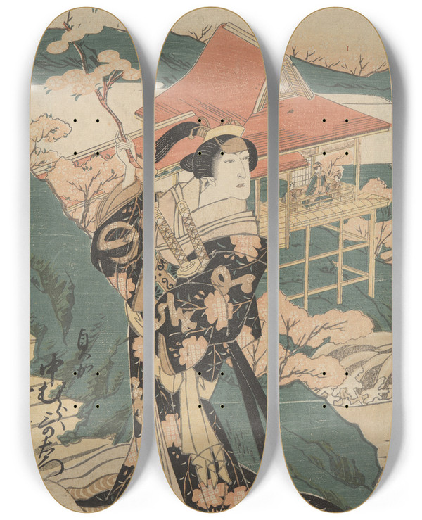 Triptych art skateboard deck of Toyokuni Utagawa Actor Holding Cherry Blossom by Toyokuni Utagawa (1769-1825)