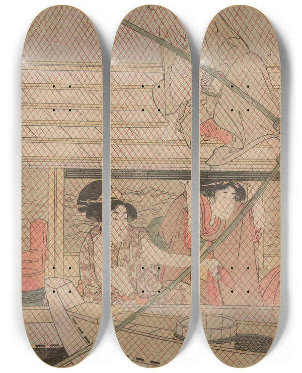 Triptych art skateboard deck of Kitagawa Utamaro Fishing With A Fourarmed Scoopnet Yotsu Deami Center Component Of Triptych by Kitagawa Utamaro (1753-1806)