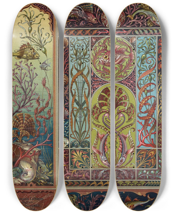 Triptych art skateboard deck of Anton Seder Die Pflanze In Kunst Und Gewerbe Pl014 by Anton Seder (1850-1916)