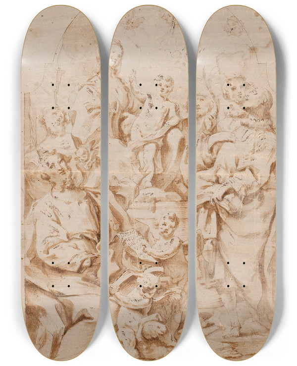 Triptych art skateboard deck of Girolamo Bonini Religious Scene_1 by Girolamo Bonini (1660-1680)
