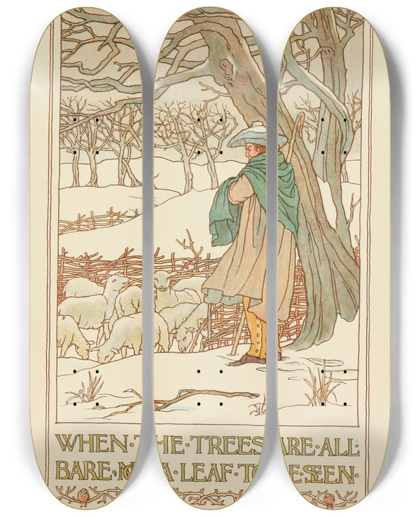 Triptych art skateboard deck of F D Bedford Winter Song by F. D. Bedford