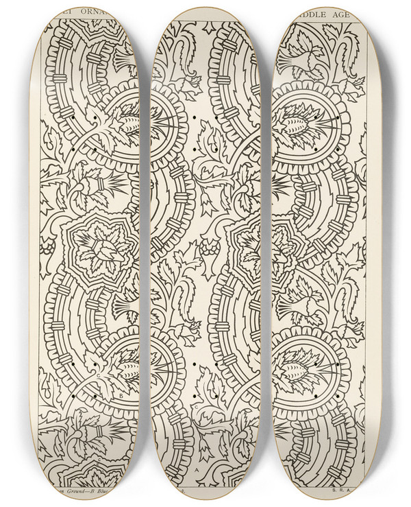 Triptych art skateboard deck of George Ashdown Audsley Outlines Of Ornament In The Leading Styles Pl35 by George Ashdown Audsley (1838-1925)