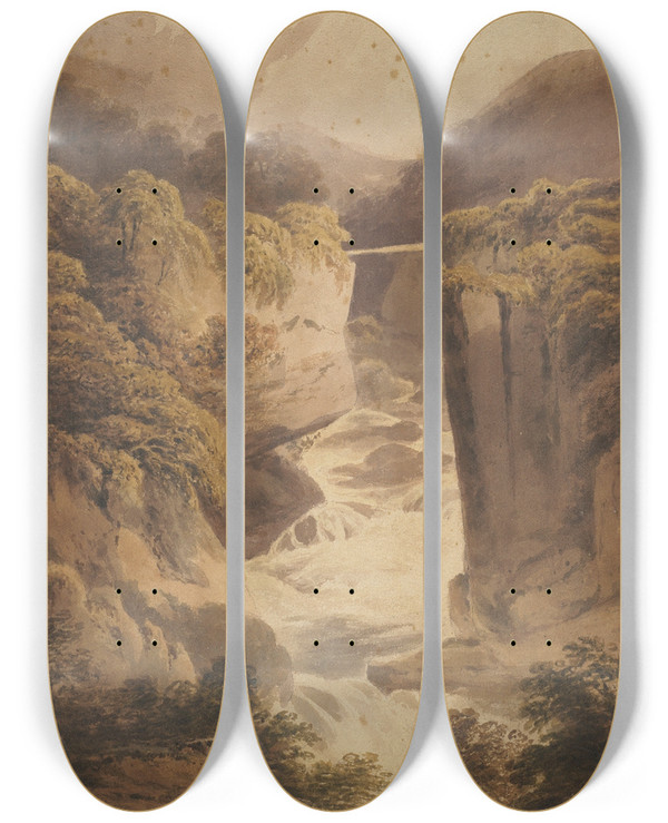 Triptych art skateboard deck of Francis Nicholson Mountain Torrent by Francis Nicholson (1753-1844)