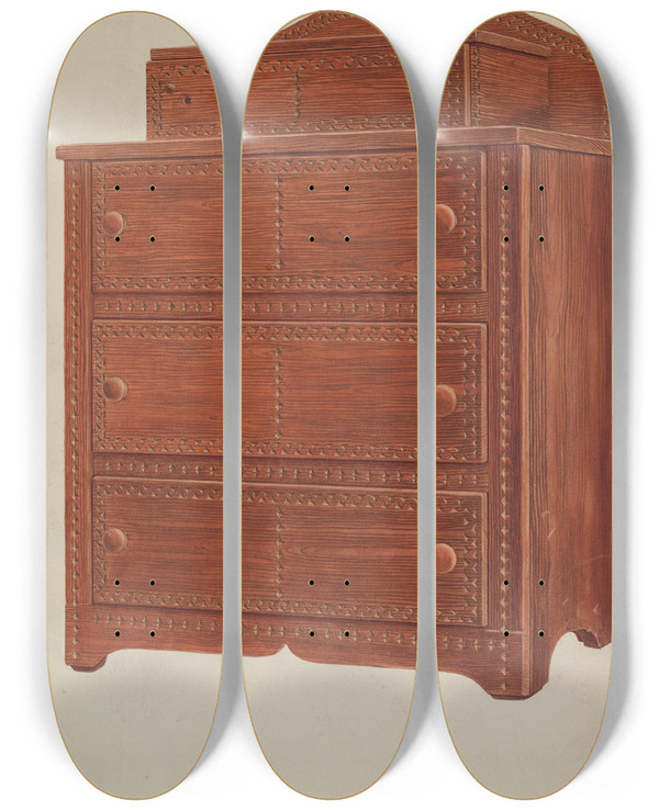 Triptych art skateboard deck of Frank Eiseman Sewing Cabinet by Frank Eiseman