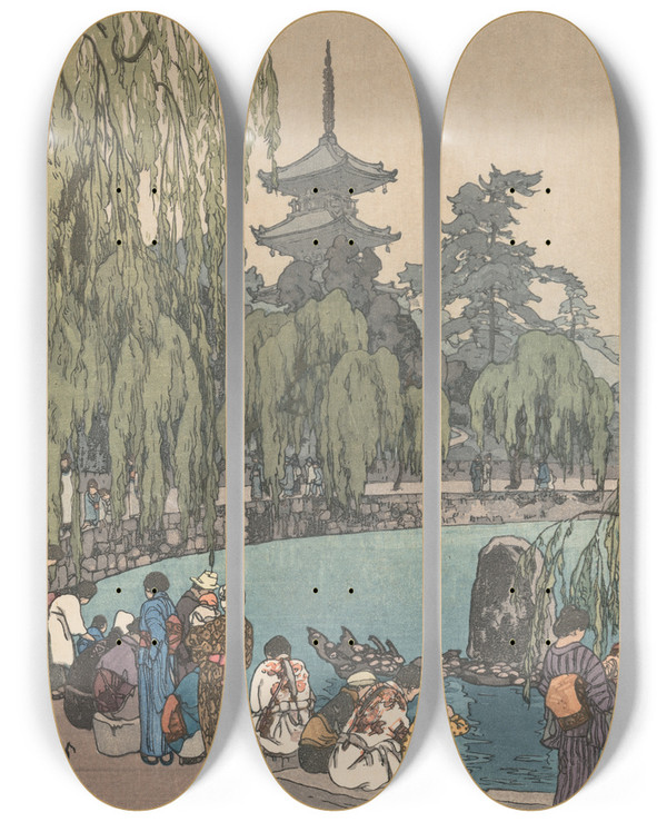 Triptych art skateboard deck of Yoshida Hiroshi Carp And Tortoises by Hiroshi Yoshida (1876-1950)