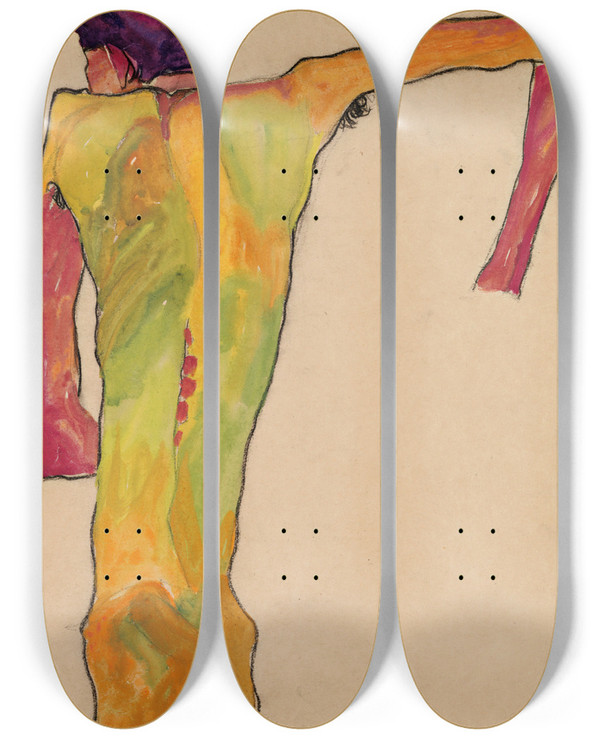 Triptych art skateboard deck of Egon Schiele Male Nude Propping Himself Up by Egon Schiele (1890-1918)