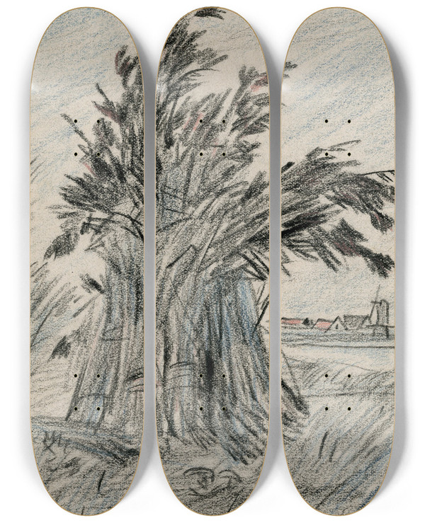 Triptych art skateboard deck of Adolf Le Comte Korenschoof Op Het Veld by Adolf Le Comte (1850-1921)