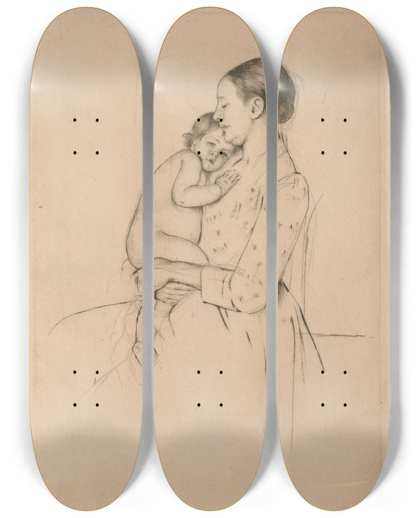 Triptych art skateboard deck of Mary Cassatt Quietude by Mary Cassatt (1844-1926)