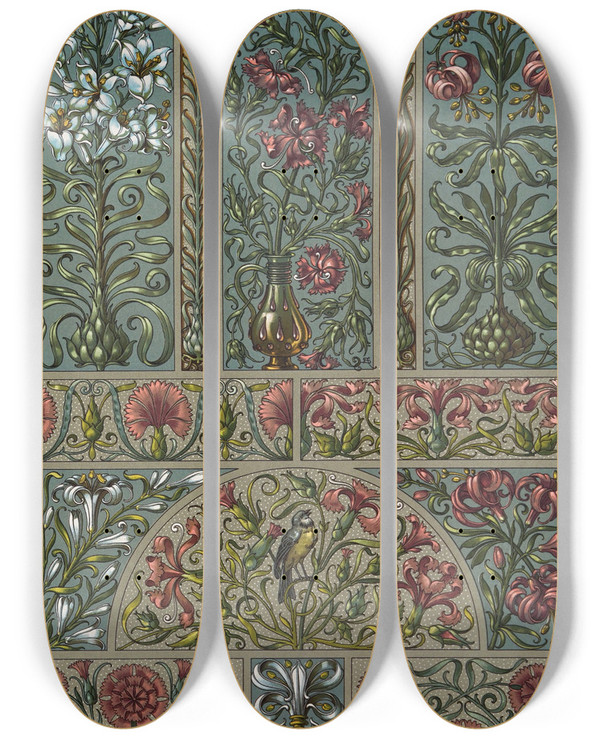 Triptych art skateboard deck of Anton Seder Die Pflanze In Kunst Und Gewerbe Pl004 by Anton Seder (1850-1916)