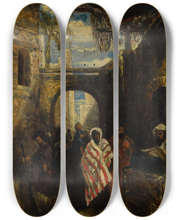 Triptych art skateboard deck of William James Mller Market Scene by William James Muller (1812-1845)