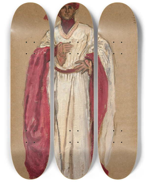 Triptych art skateboard deck of Edwin Austin Abbey Unidentified Man In A Red Robe Costume Sketch For King Richard Ii by Edwin Austin Abbey (1852-1911)