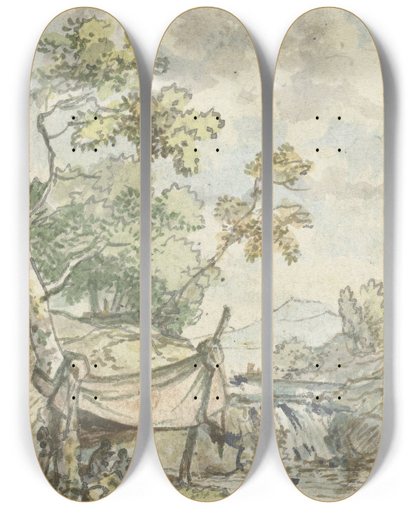 Triptych art skateboard deck of Jurriaan Andriessen Landschap Met Waterval by Jurriaan Andriessen (1742-1819)