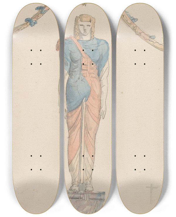 Triptych art skateboard deck of Abrahamlouisrodolphe Ducros Figuur In Relif Op Tempel Van Isis Te Pompei by Abraham-Louis-Rodolphe Ducros (1748-1810)